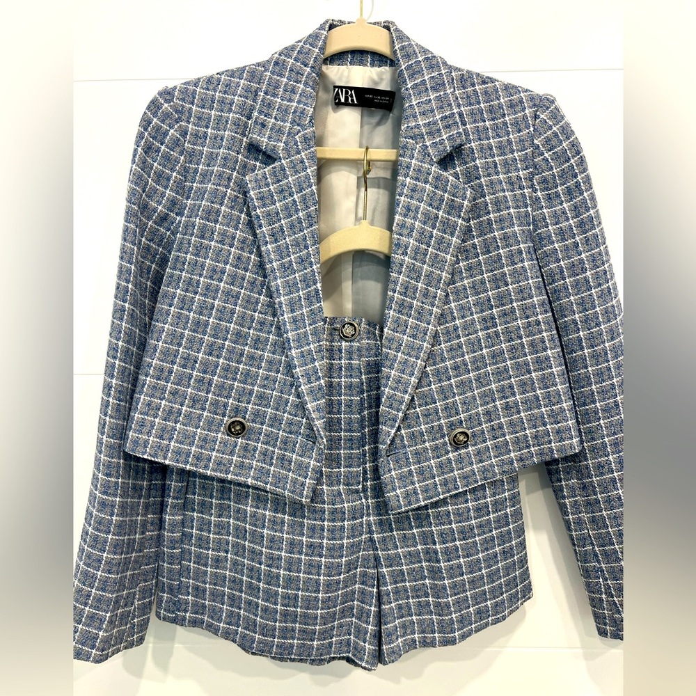 Zara blazer jacket + shorts set light blue grey - XS